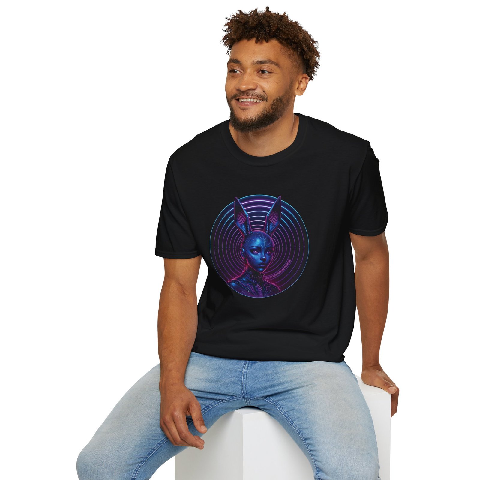 "RHYTHM PRISM FUSION" Logo, Unisex Softstyle T-Shirt, Vibrant Graphic Tee - Image 3