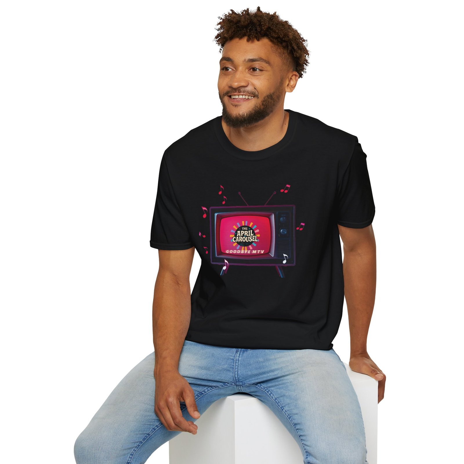 "The April Carousel" Goodbye MTV Logo Unisex Softstyle T-Shirt, Vibrant Graphic Tee - Image 3