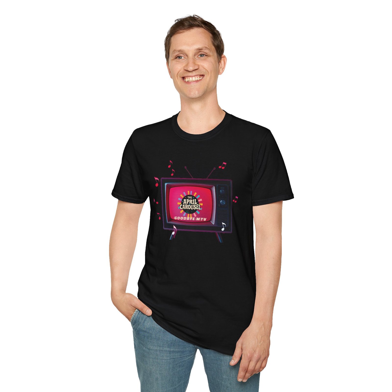 "The April Carousel" Goodbye MTV Logo Unisex Softstyle T-Shirt, Vibrant Graphic Tee - Image 2