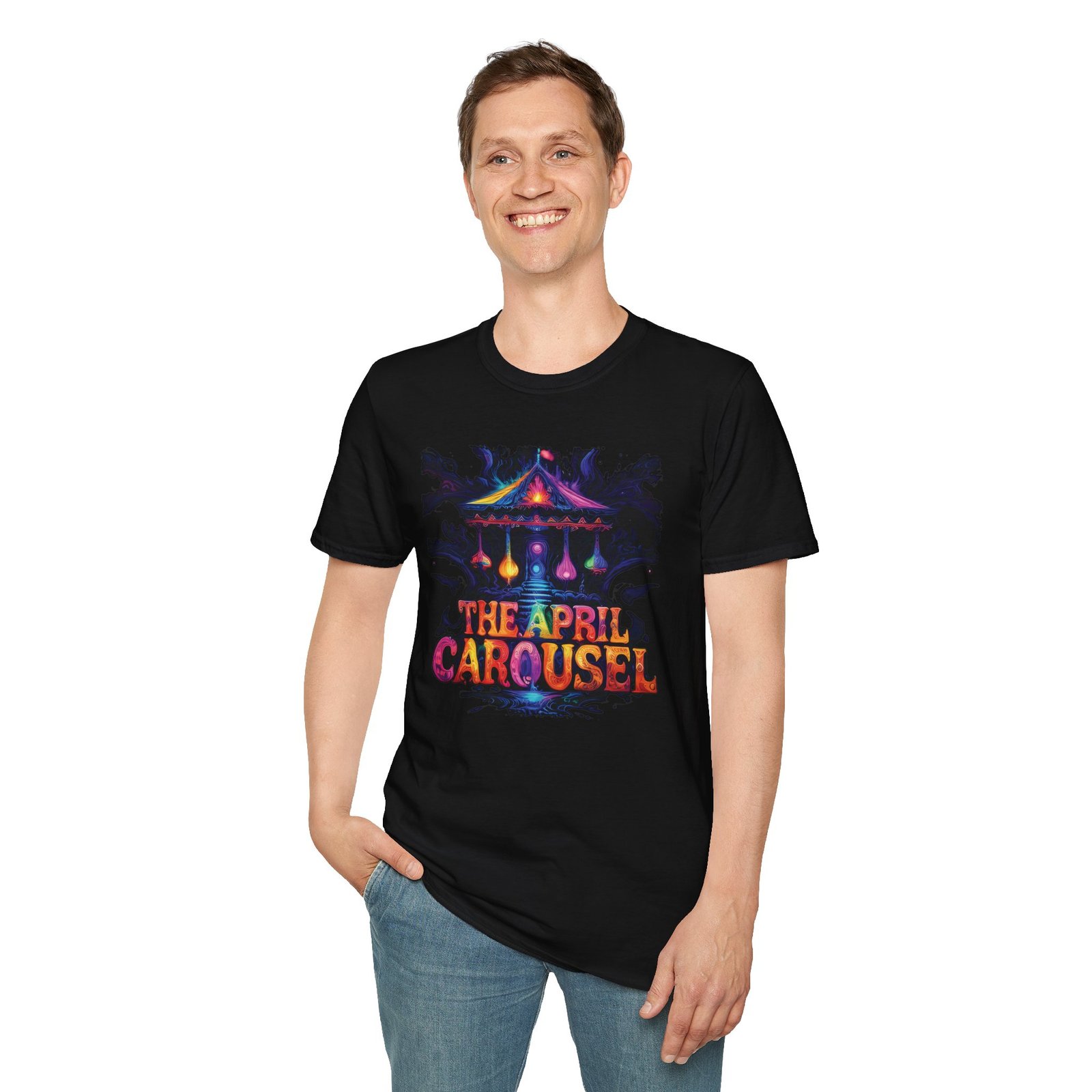 "The April Carousel" Unisex Softstyle T-Shirt, Vibrant Graphic Tee - Image 2